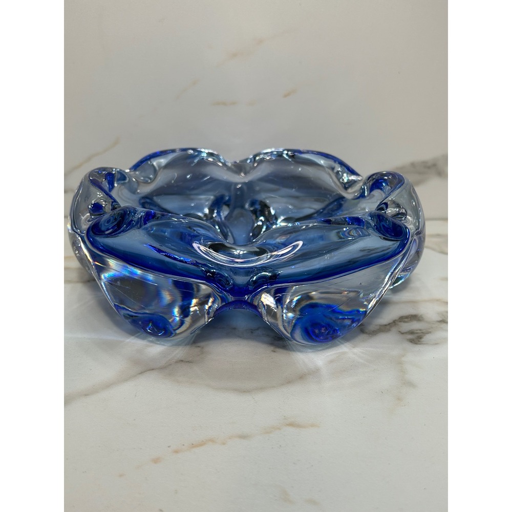 Vintage Afors Bosse Bla Blue Art Glass Bowl Sweden Signed 1960s MCM Freeform
